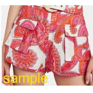 L MA CHERIE lined pink white orange paisley belted Safari Pocket Shorts dupes